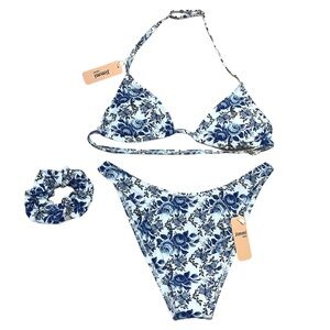 JIMMI SWIM SWIMSUIT BIKINI WOMENS SIZE MEDIUM W/MATCHING BLUE FLORAL SCRUNCHIE